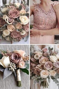 wedding bouquets and bridesmaids in different colors
