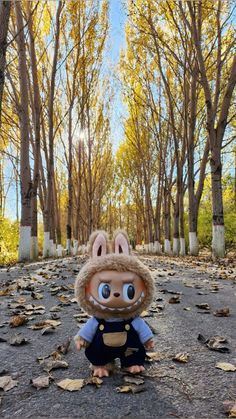 a stuffed animal sitting in the middle of a forest with leaves on the ground and trees behind it