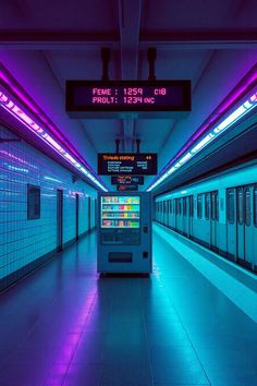a subway station with purple and blue lights