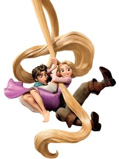 a man and woman sitting on top of each other in the air with long blonde hair