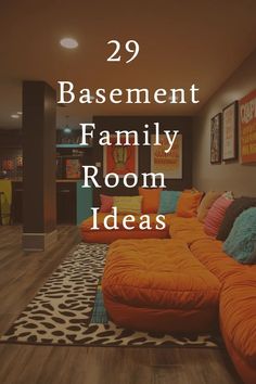 a living room filled with orange couches and colorful pillows on top of a rug