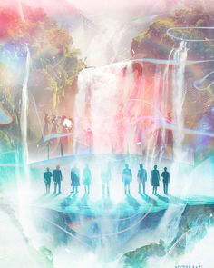 a group of people standing in front of a waterfall with rainbows and clouds over them