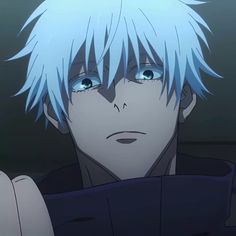an anime character with blue eyes and white hair looks at the camera while holding his hand up
