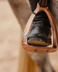 a close up of a horse's shoe hanging from a saddle