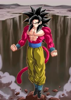 a cartoon character is standing in front of a waterfall and holding his fist up to the side