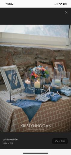 a table with candles and pictures on it