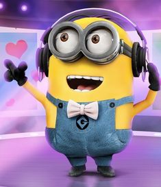 a minion wearing headphones and listening to music with his hands in the air