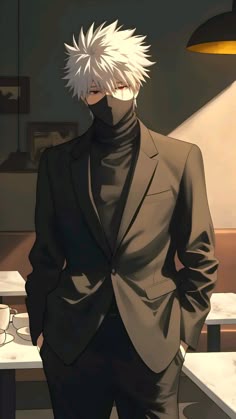 a man with white hair wearing a black suit