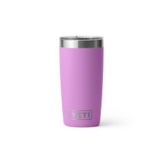 a purple yeti cup with the word yeti on it in silver and black