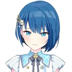 an anime character with blue hair wearing a white shirt