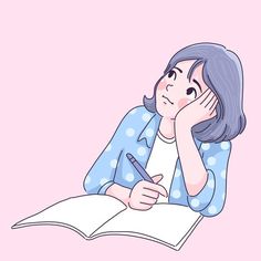 a woman sitting at a table with an open book and pen in her hand while looking up