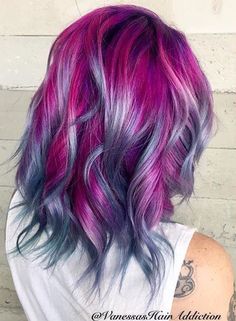 Vivid Color On Grey Hair, Magenta And Silver Hair, Hot Pink And Silver Hair, Pink Teal Hair, Pink And Teal Hair Color Combinations, Red Purple Blue Ombre Hair, Pink Purple And Teal Hair, Pink Purple Teal Hair, Pink Purple Blue Ombre Hair