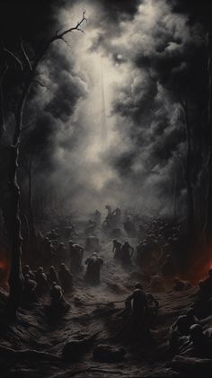 an image of a group of people walking in the dark with fire coming from them
