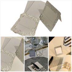 silver glitter wedding place cards and napkins are shown in three different photos, one is empty