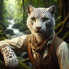 a white tiger with green eyes standing next to a man wearing a vest and scarf