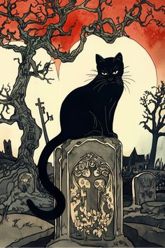 a black cat sitting on top of a tombstone in front of a tree and graveyard