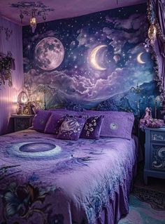 a bed room with a large purple bedspread and two night lights hanging from the ceiling