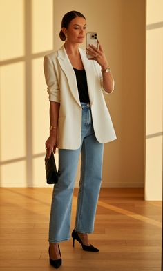 Linen Work Outfit Women, Womens Cream Blazer Outfit, Styling Linen Blazer, Oversized Spring Blazer For Everyday, Womens Blazer Outfit, Oversized Linen Blazer Outfit Women, Off White Blazer Outfit, Cream Blazer And Jeans Outfit, Oversized Cream Blazer For Spring