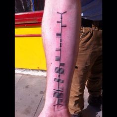a person with a tattoo on their leg that has roman numerals written on it