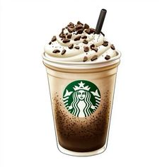 a starbucks drink with whipped cream and chocolate chips on it's top, in front of a white background