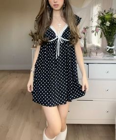 #60sbabydoll #60sstyle 60s babydoll dress polka dots 1960s style outfit Polka Dot 60s Dress, Americana Dresses, Styling Polka Dot Dress, Short Polka Dot Dress, 60s Style Aesthetic, Cute 60s Dresses, 60s Fit, 60s Dresses Aesthetic, 60s Summer Dress