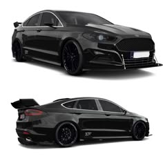 the front and back view of a black car