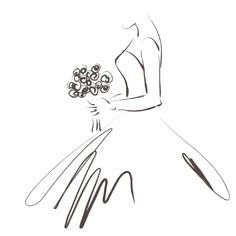 a drawing of a woman in a ball gown with flowers on her head, holding a bouquet