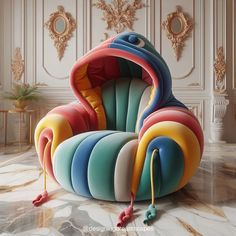 a colorful chair sitting on top of a marble floor