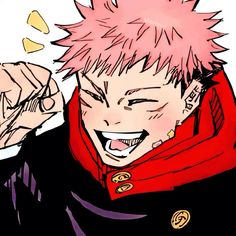 a drawing of a man with pink hair and red scarf around his neck, smiling