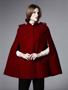 burgundy Red Cape Outerwear For Fall, Elegant Red Fall Cape, Elegant Red Cape For Fall, Red Cape For Fall Outerwear, Red Cape Jacket, Winter Fashion Red Cape, Winter Red Cape Style, Casual Red Cape For Autumn, Burgundy Cape Coat