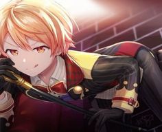 an anime character with blonde hair and black gloves, leaning on a chair in front of a brick wall