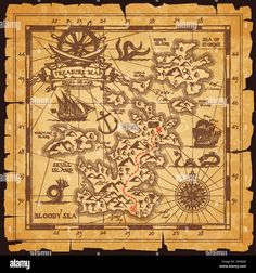an old pirate map on parchment paper - stock image