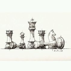 a black and white drawing of chess pieces