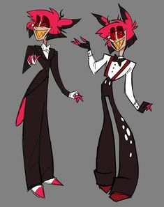 two cartoon characters dressed in black and red