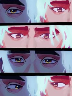 three different images of the same person with white hair and blue eyes, one has yellow eyes