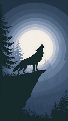 a wolf standing on top of a cliff in front of a full moon with trees