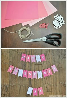 pink and white paper cut out to spell happy valentine's day on a wooden table