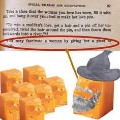 a wizard hat sitting on top of a bag of cheese next to a pile of cheddas