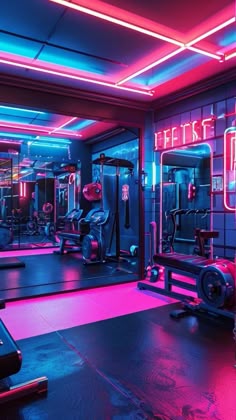 a gym with neon lights and equipment
