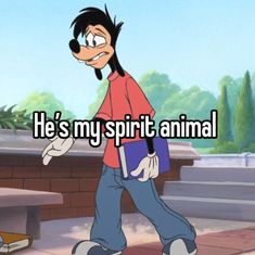 a cartoon character walking across a sidewalk with the caption he's my spirit animal