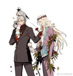 two anime characters are standing next to each other and one is holding an ice cream cone