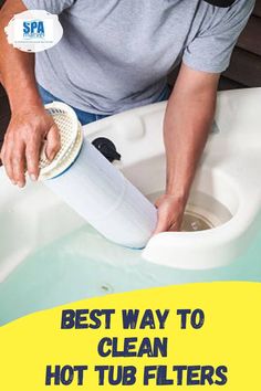 a man is cleaning a hot tub with a brush and cleaner attachment on the side
