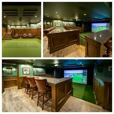 the inside of a golf themed home with bar seating and green carpeted flooring