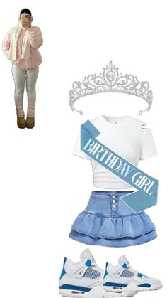 a woman wearing a tiara and dress next to a birthday girl outfit with shoes
