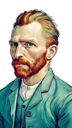 a painting of a man with red hair and blue eyes wearing a green jacket, looking to the side