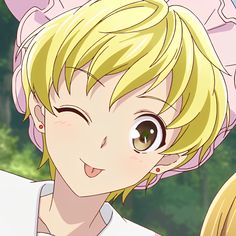 an anime character with blonde hair and big eyes looking at the camera while wearing a pink bow around her head
