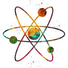 an abstract painting with colorful circles and dots in the shape of an atomic sign on white paper