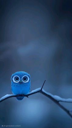 a small blue owl sitting on top of a tree branch in the dark night sky