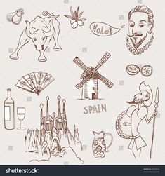 spain symbols and icons in brown ink on white paper stock photo - 1387982