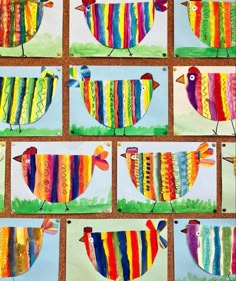 several pictures of colorful birds painted on paper with colored strips in the shape of roosters